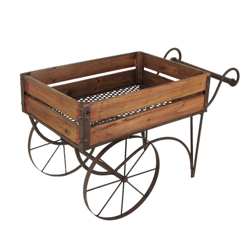 Rustic Wood And Metal Wagon Cart Style Plant Stand 24.25 Inches Long